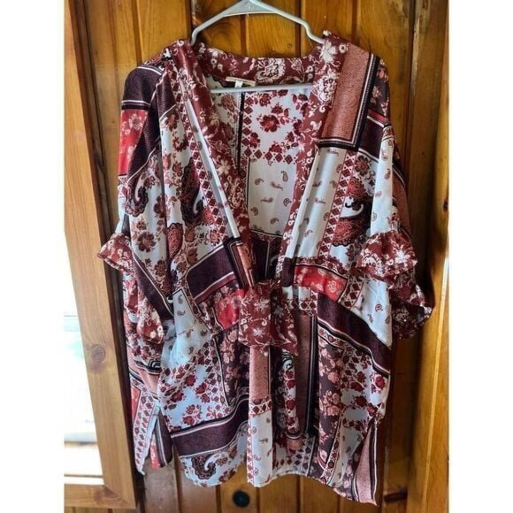 Floral Patchwork Kimono‎ Cardigan Burgundy White Beach Cover Up Boho Summer Wrap
